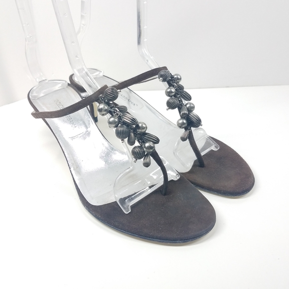 Dolce & Gabbana Brown Suede Embellished Sandals - Picture 2 of 12
